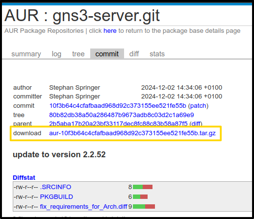 Screenshot showing location of the download link for a specific AUR version