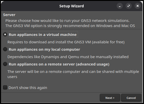 Server screen in the setup wizard showing backend options