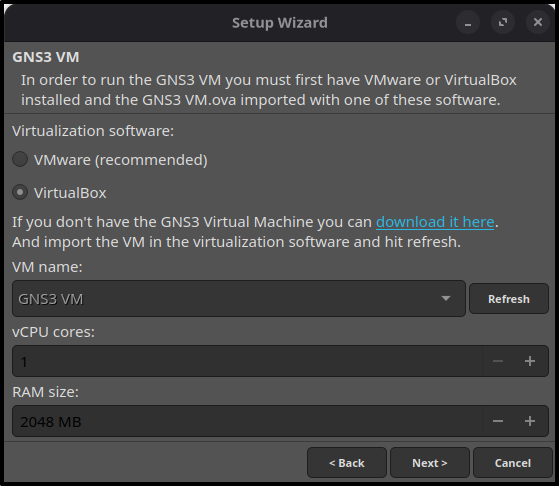 GNS3 setup wizard screen