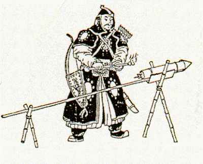 A black and white drawing of a man in historical Chinese armor about to light a rudimentary rocket off.