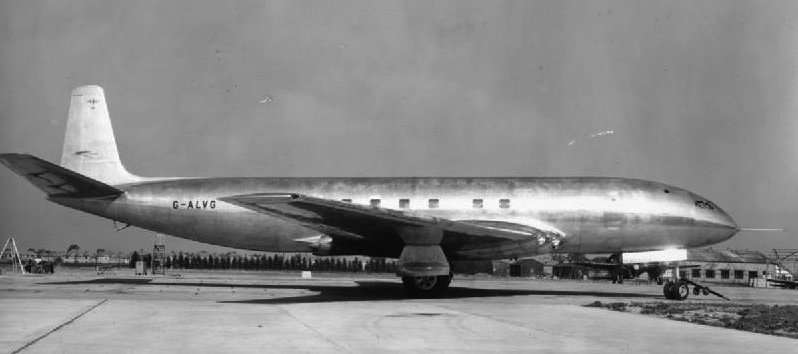 A black and white photograph of a large jet engine with square windows down the side and G-ALVG written on the fuselage.