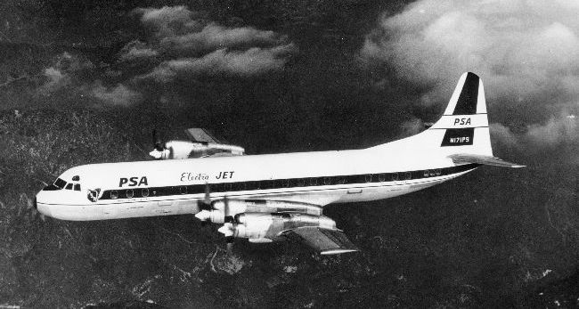 A black and white photograph of a PSA airplane with multiple propellers mounted on the wings.