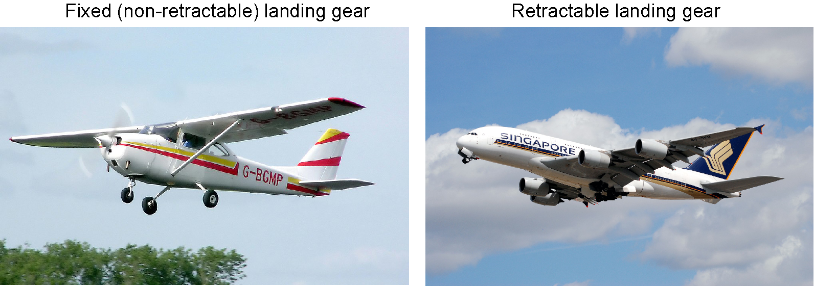 Two photographs showing the difference between fixed and retractable landing gear.