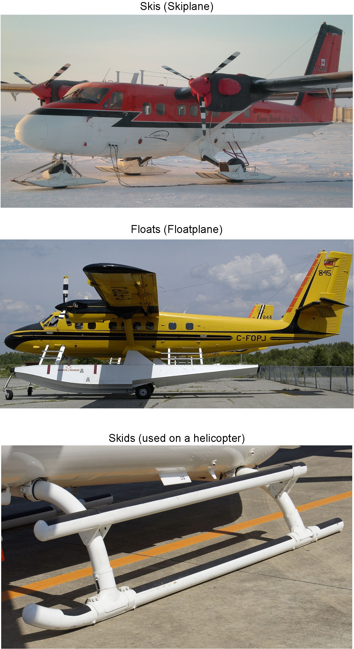 Three photographs showing different types of landing gear.