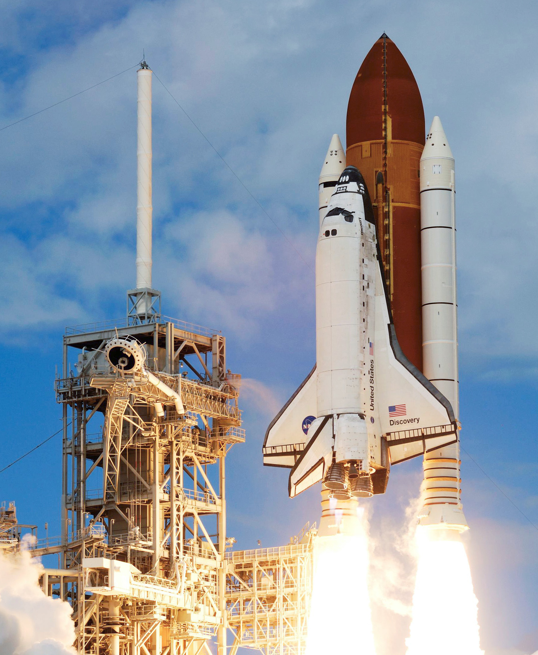 The white space shuttle lifting off of the platform attached to the red and white rockets.