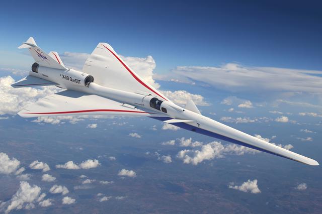 A simulated photograph of a white airplane with swept back wings and a long nose flying over clouds.