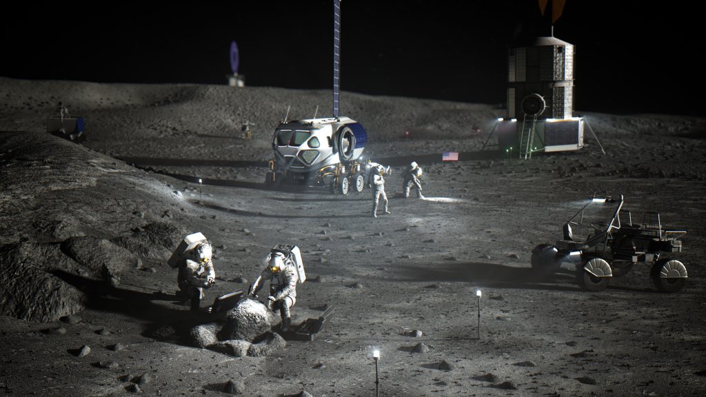 An illustration of NASA's Artemis Basecamp near the Moon's South Pole.