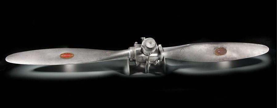 Hamilton Standard Propeller, controllable-pitch, two-blade, metal, Ruth Nichols (A19400027000). Studio photograph in support of "Pioneers of Flight" exhibit